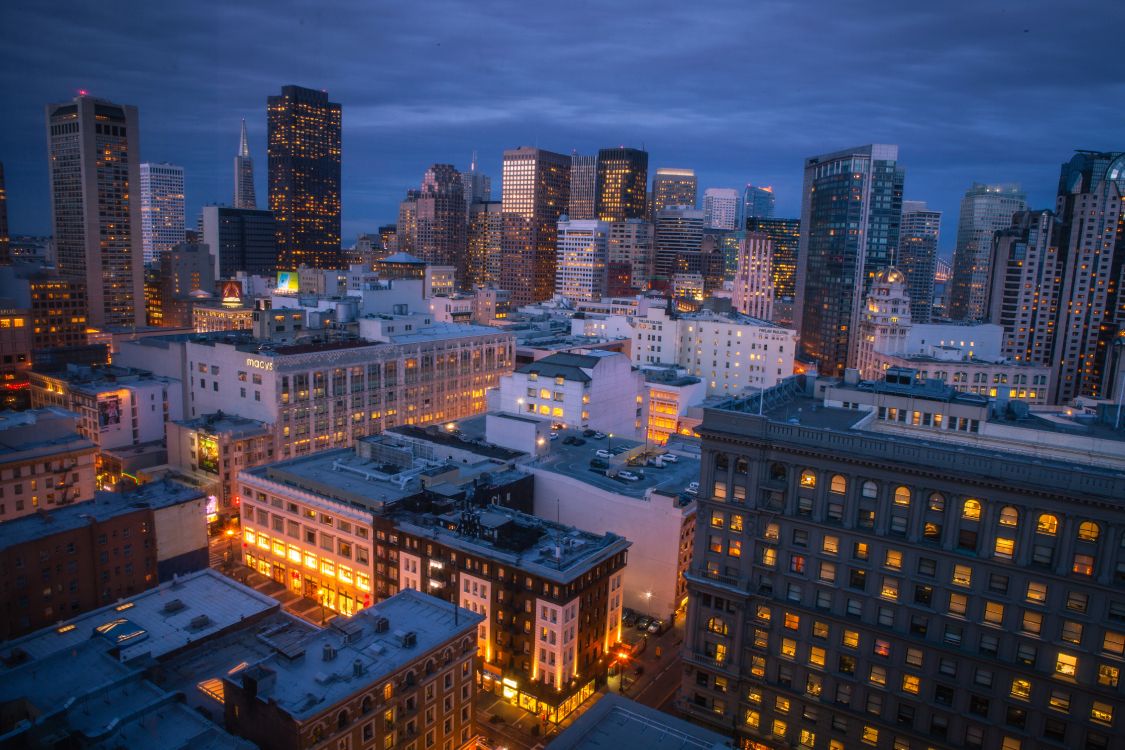 city with high rise buildings during night time