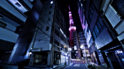 Image cars on road in between high rise buildings during night time