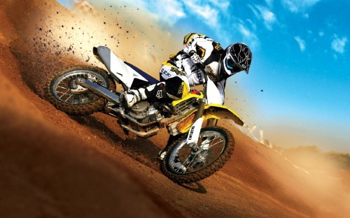 Image man in black and white motocross helmet riding motocross dirt bike