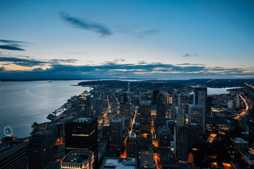 Image city skyline near body of water during night time