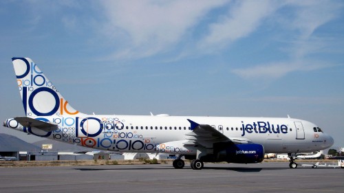 Image white and blue passenger plane on airport during daytime