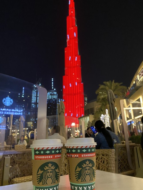 Image dubai, burj khalifa, starbucks new logo 2011, night, midnight