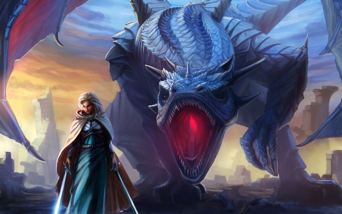 Woman in Blue and White Dress Holding a White and Black Dragon. Wallpaper in 2560x1600 Resolution
