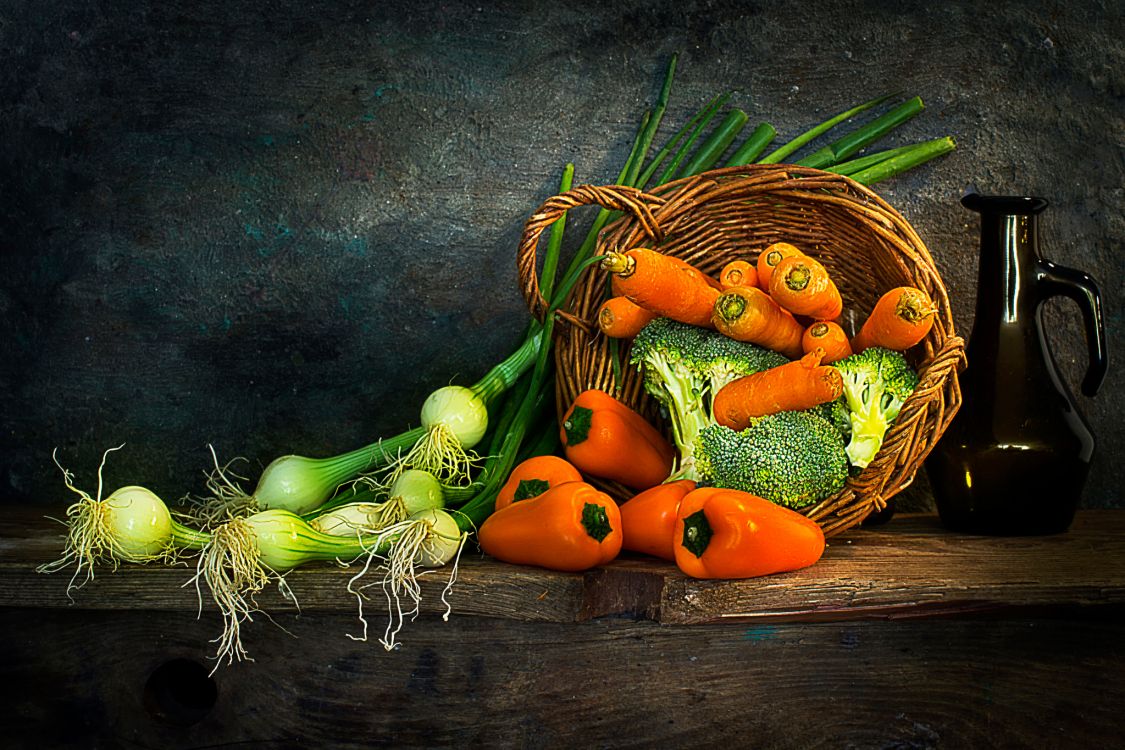 Orange Carrots and Green Chili on Brown Wooden Table. Wallpaper in 2048x1365 Resolution