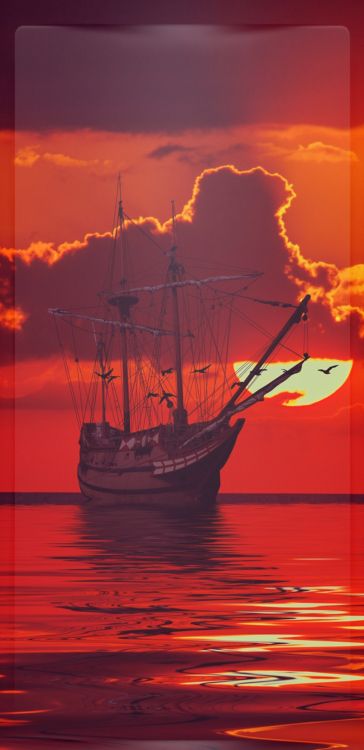 Barco en el Mar al Amanecer Rojo, Buque, Agua, Barco, Moto de Agua. Wallpaper in 1080x2220 Resolution