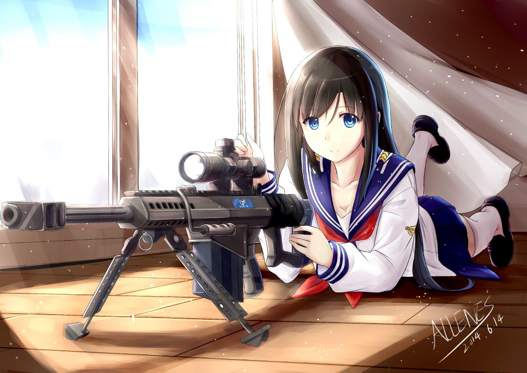 Woman in White and Blue Jacket Holding Black Rifle. Wallpaper in 5846x4133 Resolution