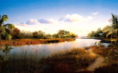 Image green grass near lake under blue sky during daytime