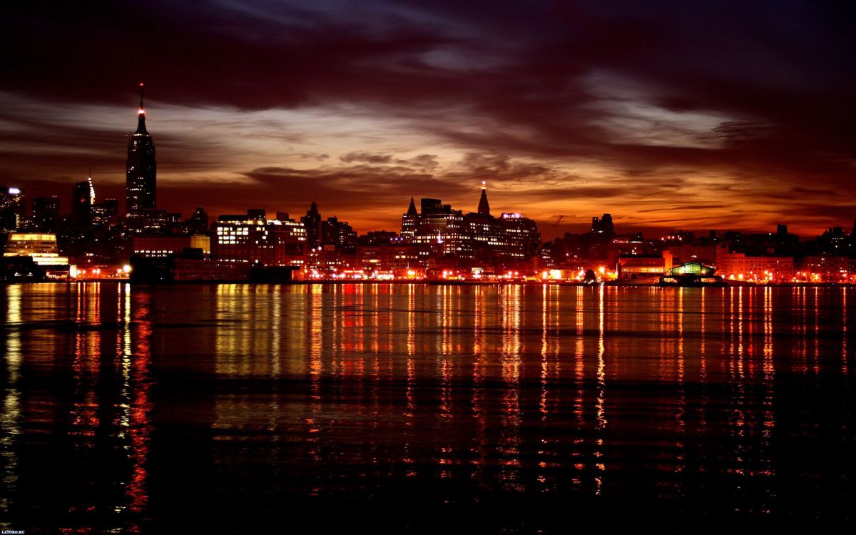 city skyline during night time