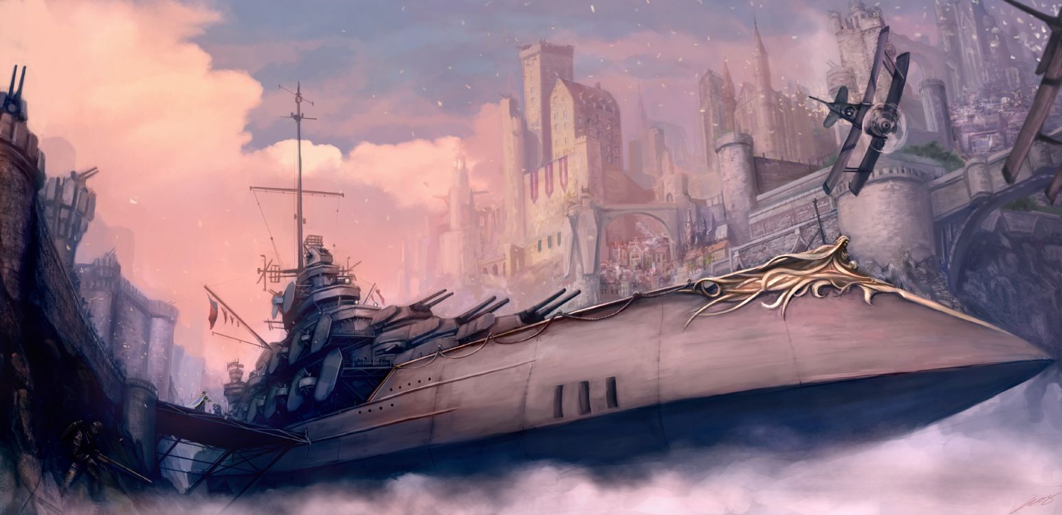Steampunk, Navire, Dirigeable, Aquarelle Peinture, Navire de Guerre. Wallpaper in 5000x2426 Resolution