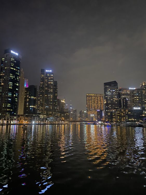 dubai, cityscape, tower block, night, reflection