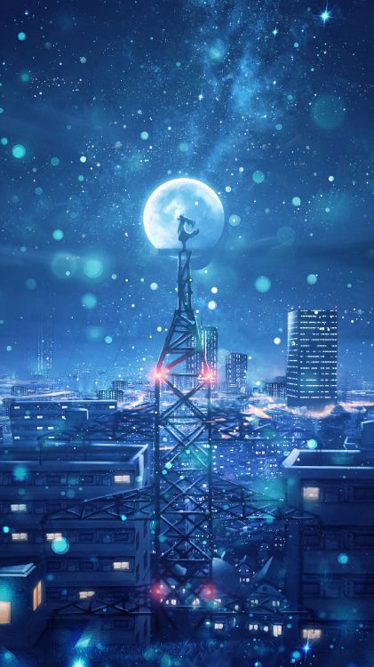 Anime, Atmosphäre, Wolkenkratzer, Gebäude, Blau. Wallpaper in 2160x3840 Resolution