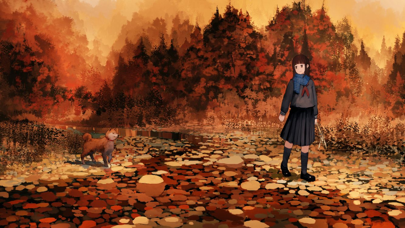 Fille en Robe Noire et Blanche Debout Sur Des Feuilles Brunes Près D'un Plan D'eau Pendant la Journée. Wallpaper in 2560x1440 Resolution