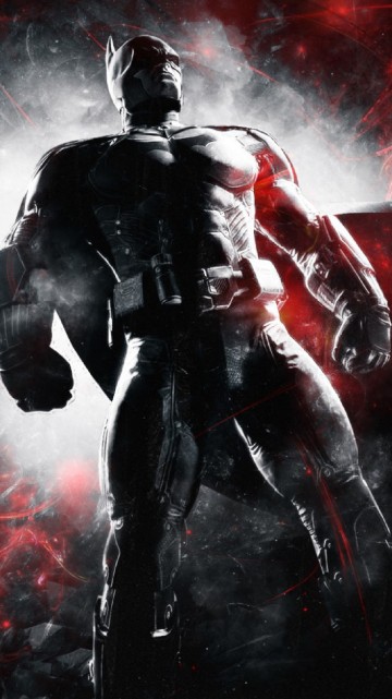 Image man in black and red suit holding black rifle