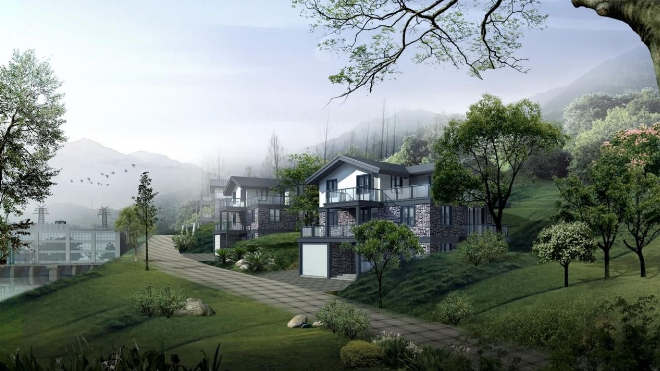 Weißes Und Schwarzes Betonhaus in Der Nähe Von Grünen Bäumen Und Bergen Tagsüber. Wallpaper in 3840x2160 Resolution