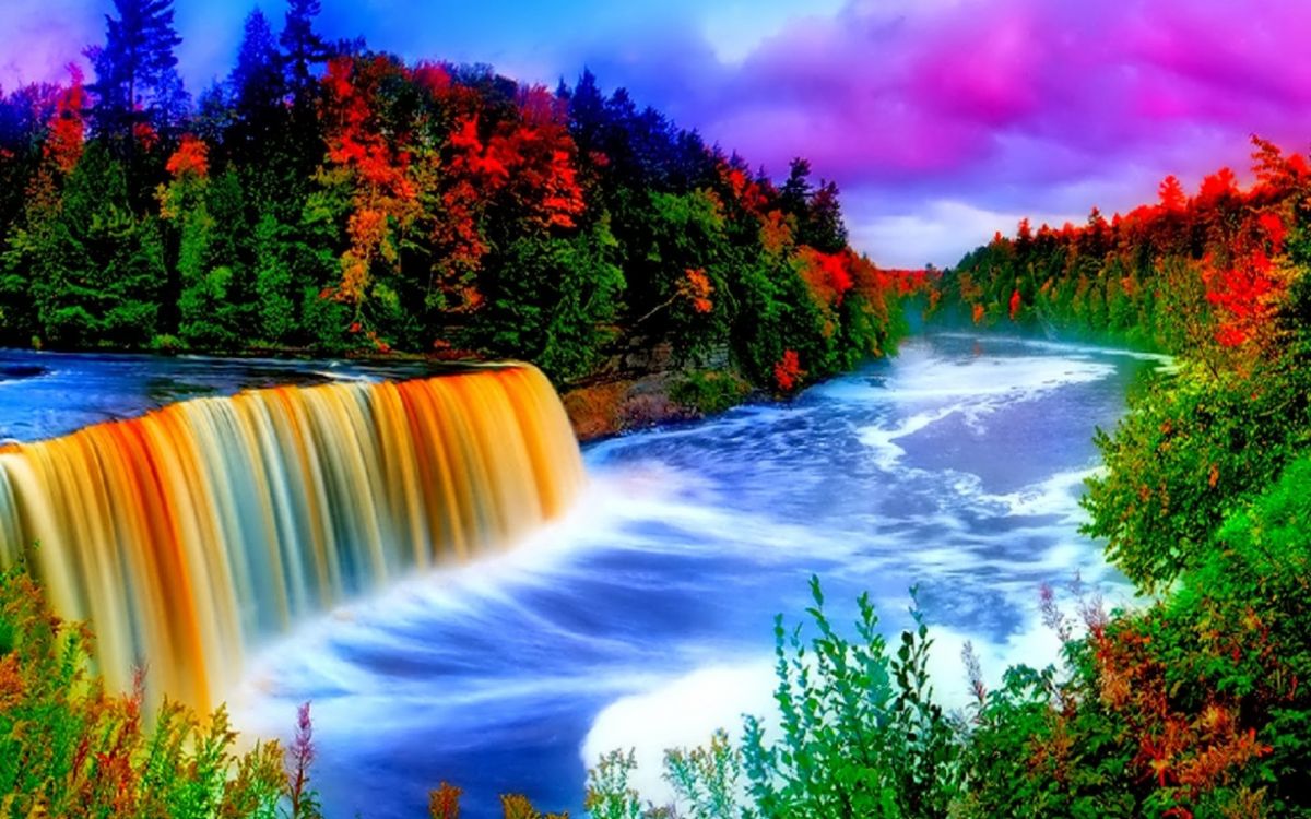 water falls surrounded by trees under blue sky