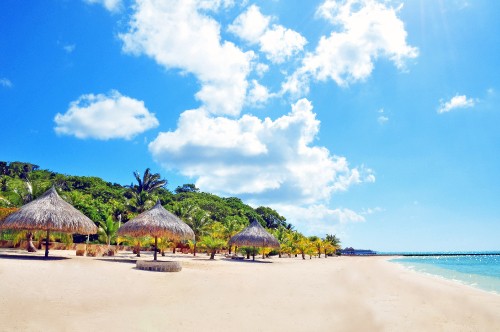 Image brown and green beach house under blue sky and white clouds during daytime