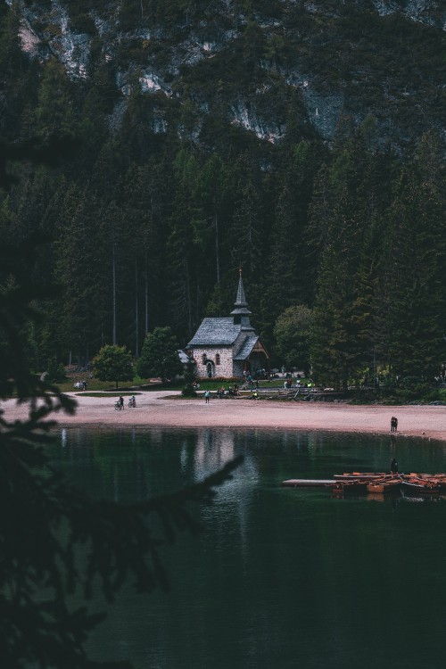 Image white and gray house near body of water and green trees during daytime