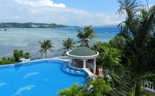 Image white and blue swimming pool near green palm trees during daytime