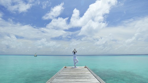 Image woman in white long sleeve shirt and blue denim jeans standing on wooden dock during daytime