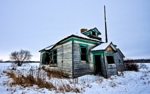 Image blue and white wooden house near bare trees during daytime