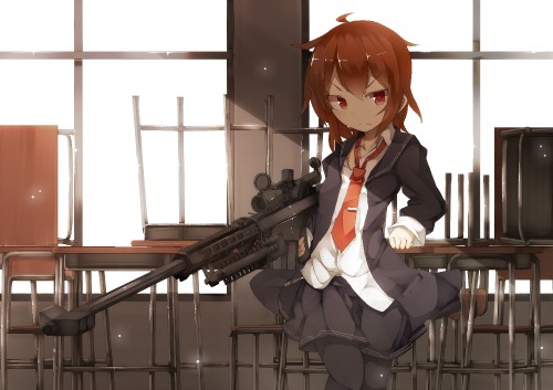 Image brown haired male anime character holding rifle