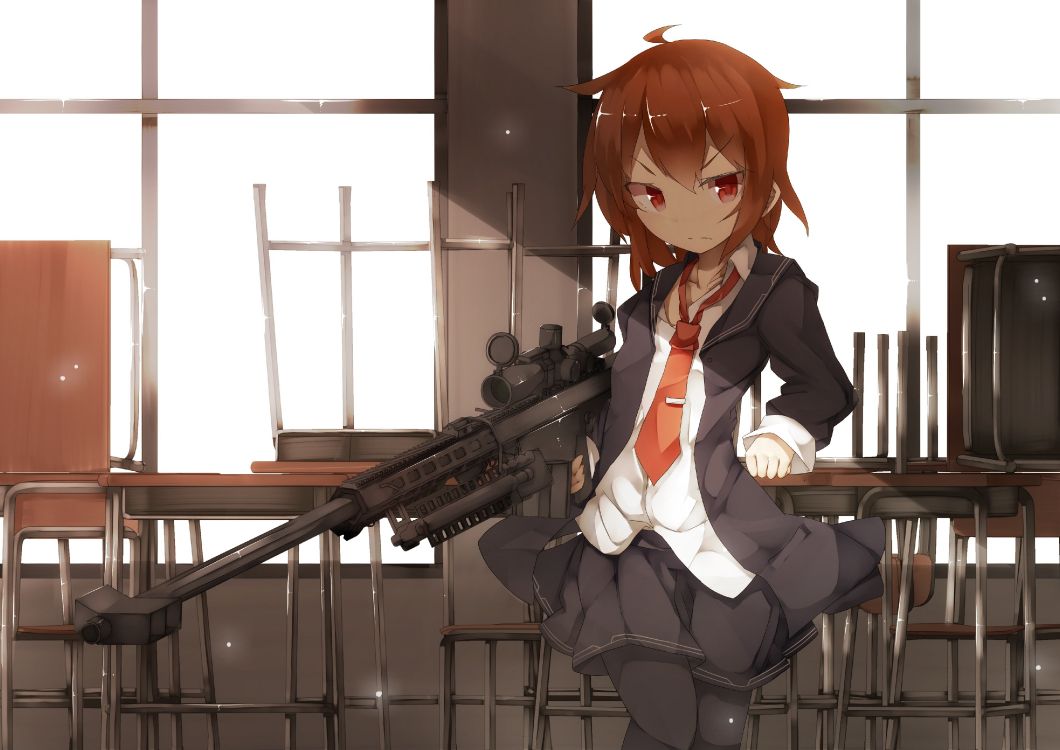 brown haired male anime character holding rifle