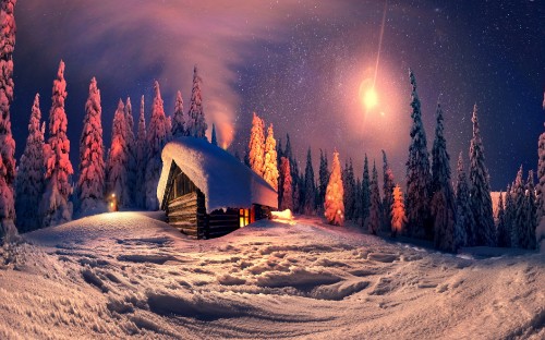 Image brown wooden house on snow covered ground during night time