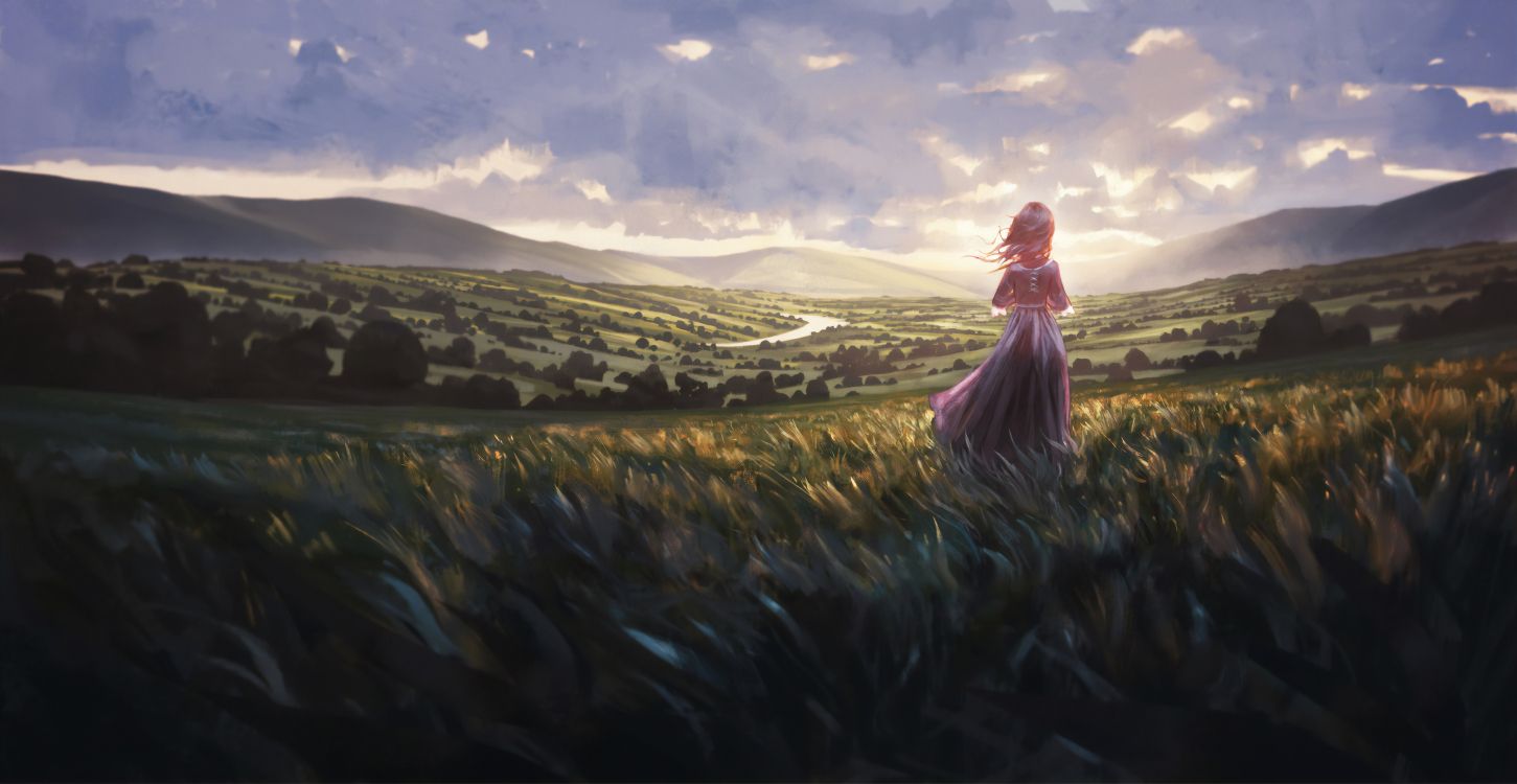 Femme en Robe Rose Debout Sur un Terrain D'herbe Verte Pendant la Journée. Wallpaper in 3840x1984 Resolution