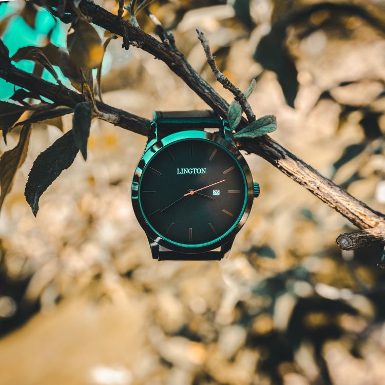 Montre Analogique Noir et Vert Sur Bâton en Bois Marron. Wallpaper in 3749x3749 Resolution