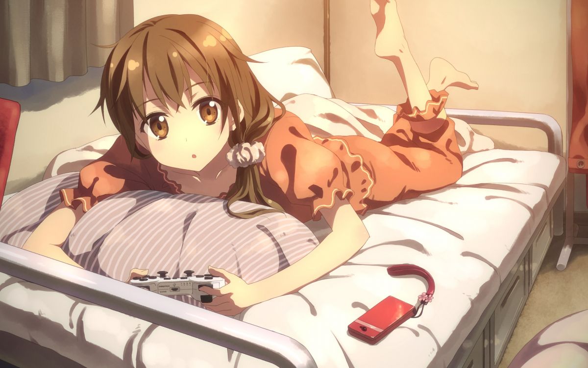 Brown Haired Girl Anime Character Lying on Bed. Wallpaper in 2560x1600 Resolution