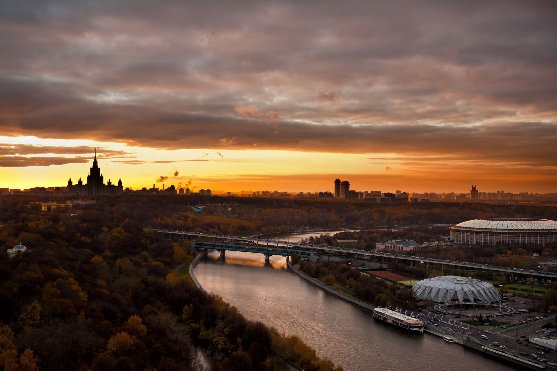 aerial view of city during sunset