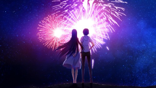 Image man and woman kissing under fireworks