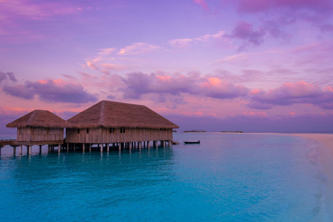 bungalow, sea, ocean, horizon, tropics