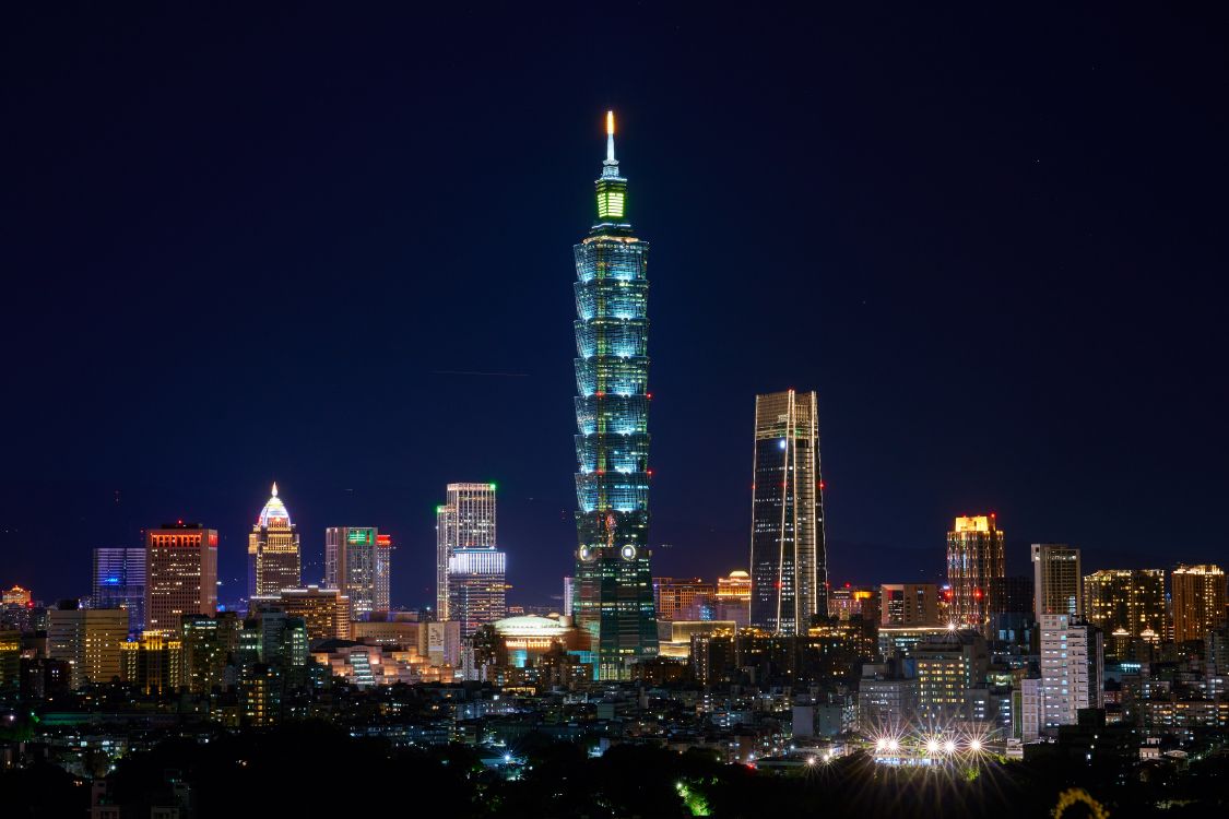 city skyline during night time