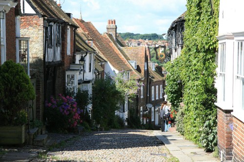 Image people walking on street between houses during daytime