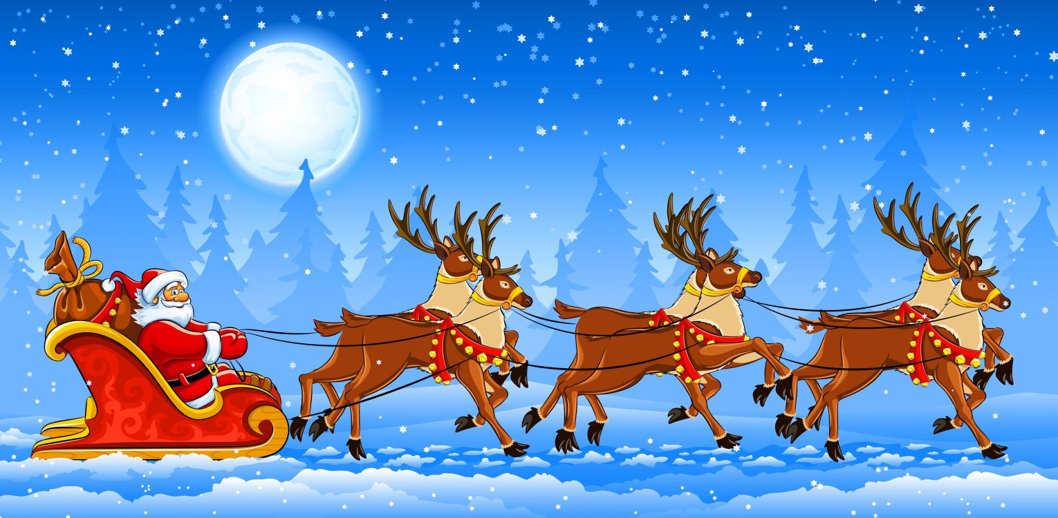 Reindeer, Santa Claus, Sled, Christmas Day, Vector Graphics. Wallpaper in 4268x2092 Resolution