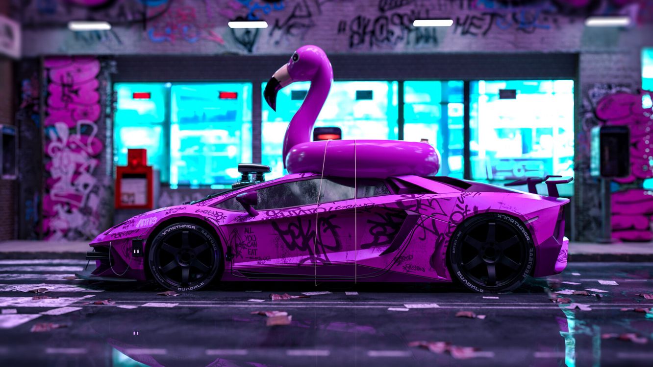 Download Cool Supreme Flamingo Lamborghini Wallpaper