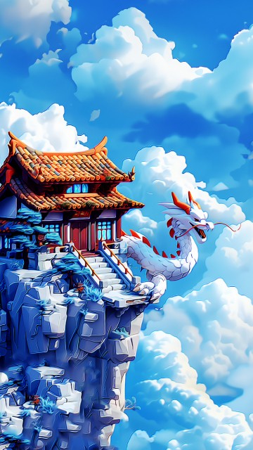 Image chinese architecture, chinese dragon, cloud, blue, world