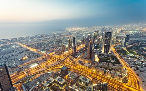 Image aerial view of city buildings during night time