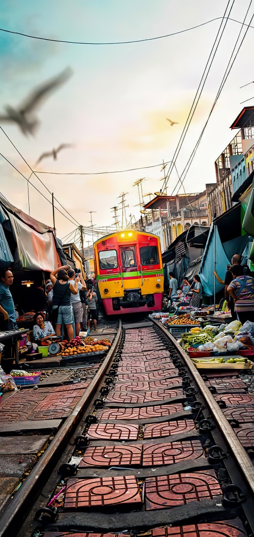 Image maeklong railway market, talad rom hub, train, mae klong, bangkok