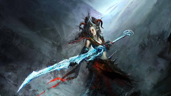 Image woman in blue dress holding a sword illustration