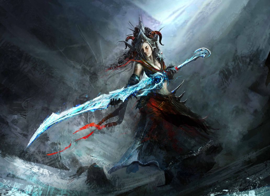 Woman in Blue Dress Holding a Sword Illustration. Wallpaper in 4000x2905 Resolution