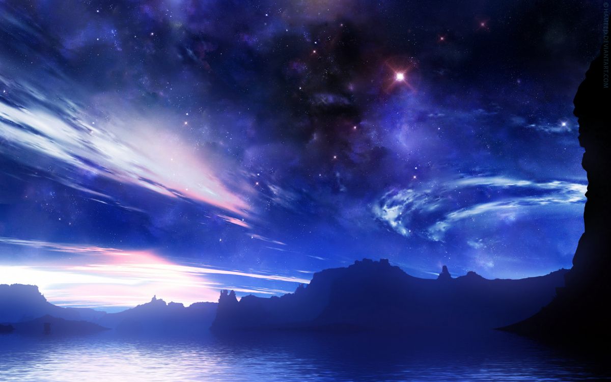 Silueta de Montaña Cerca Del Cuerpo de Agua Bajo la Noche Estrellada. Wallpaper in 2560x1600 Resolution