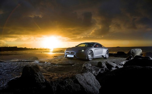 Image silver mercedes benz coupe on beach during sunset