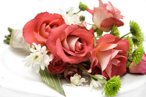 Image red rose bouquet on white surface