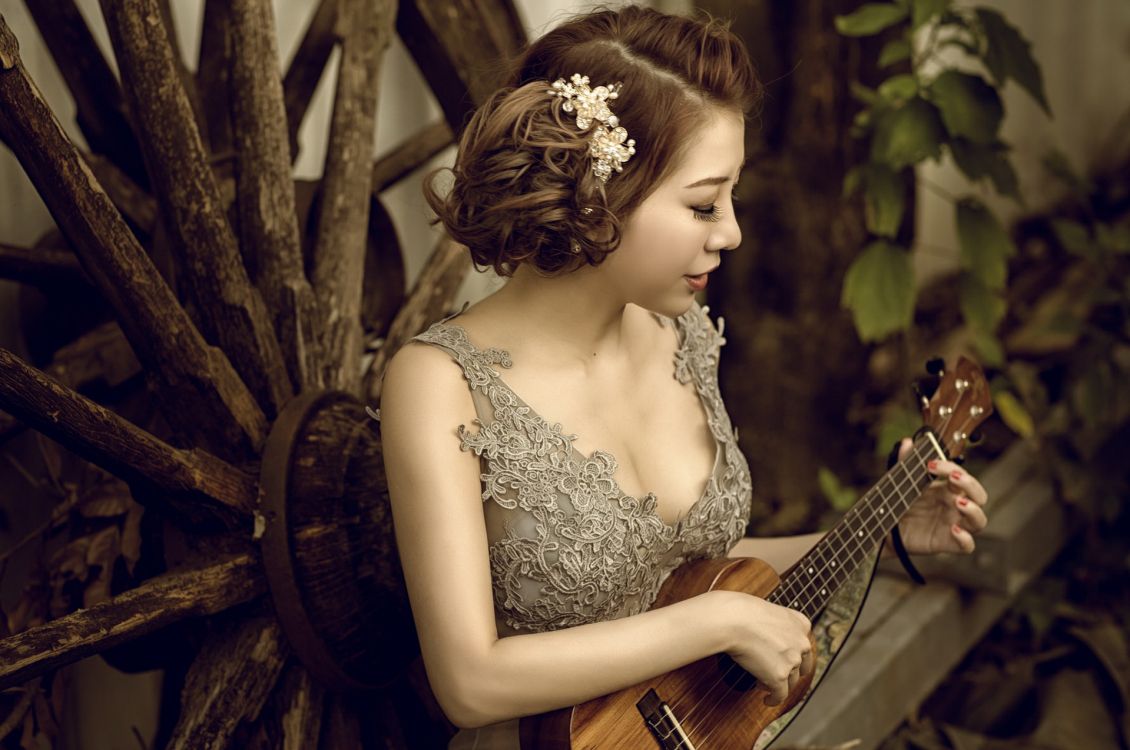 beauty, guitar, headpiece, hairstyle, dress