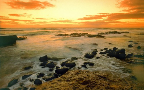 Image black rocks on sea shore during sunset