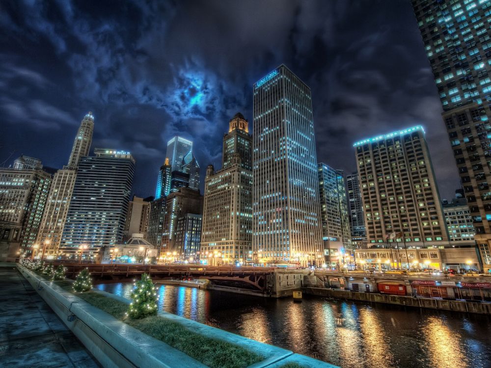 city skyline during night time