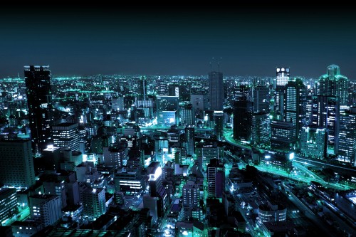 Image aerial view of city buildings during night time