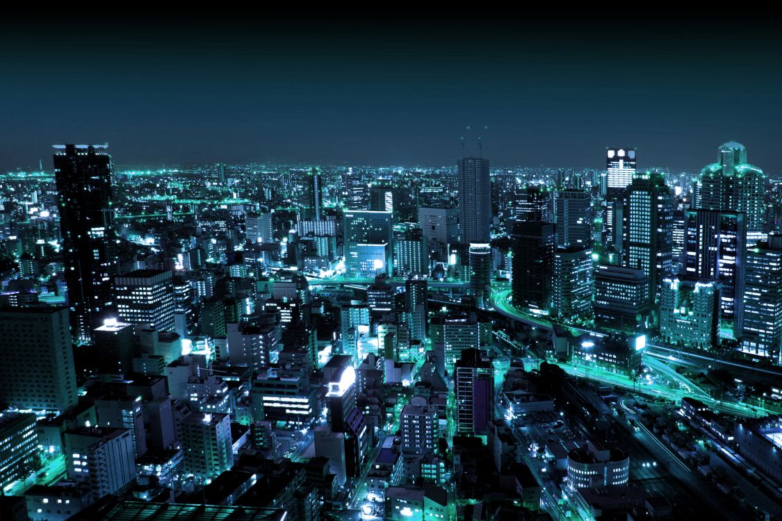 aerial view of city buildings during night time